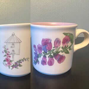 Vtg Pfaltzgraff CAPE MAY Purple Foxglove Flowers & Birdhouse Stoneware Mug